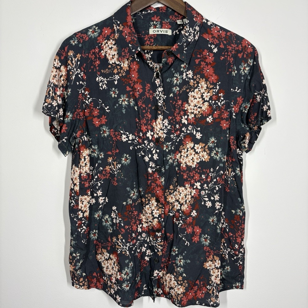 Orvis Womens 100% Silk Floral Short Sleeve Button Up Top Size M Office Casual